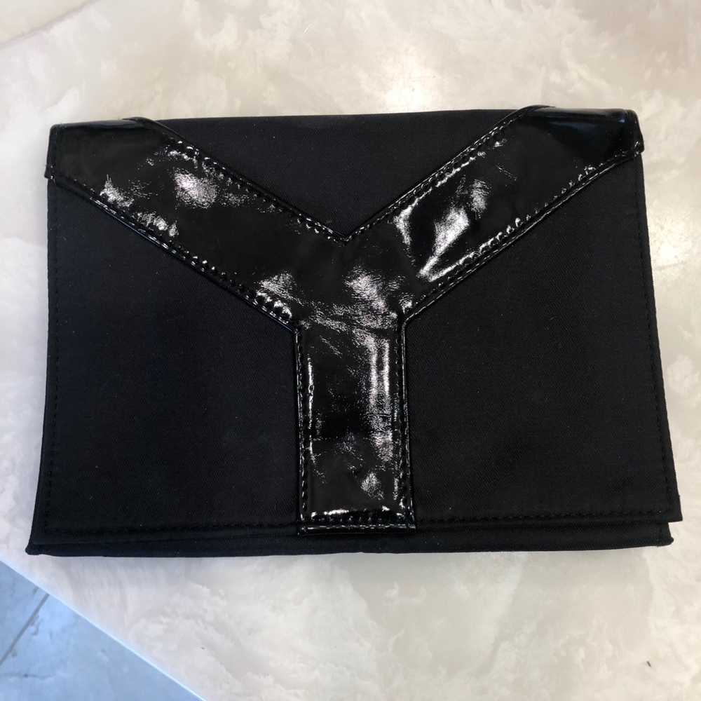 YSL cluch, purse, black canvas, patent Y detail